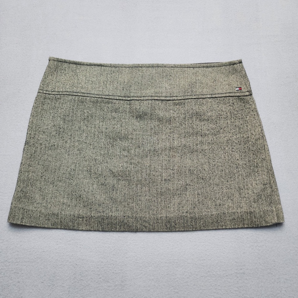 Vintage Tommy Jeans Herringbone Mini Skirt Gray Wool Blend Y2K Size 13 - Picture 2 of 10